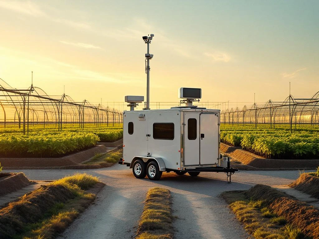 Moderne beveiligingstrailer met camera's voor groot kassencomplex met groene planten tijdens gouden uur