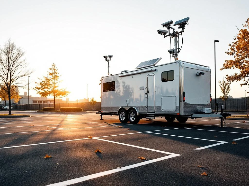 Witte mobiele bewakingstrailer met beveiligingscamera's en zonnepanelen op asfalt parkeerplaats bij gouden uur