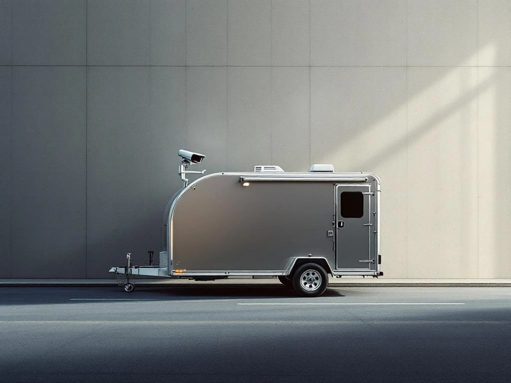Mobiele bewakingstrailer met camerasysteem in stedelijke steeg, professionele beveiligingsapparatuur in daglicht