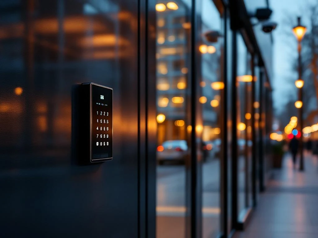 Moderne kantoorgebouw glazen ingang bij schemering met beveiligingskeypad en camera, warme verlichting, Haarlem