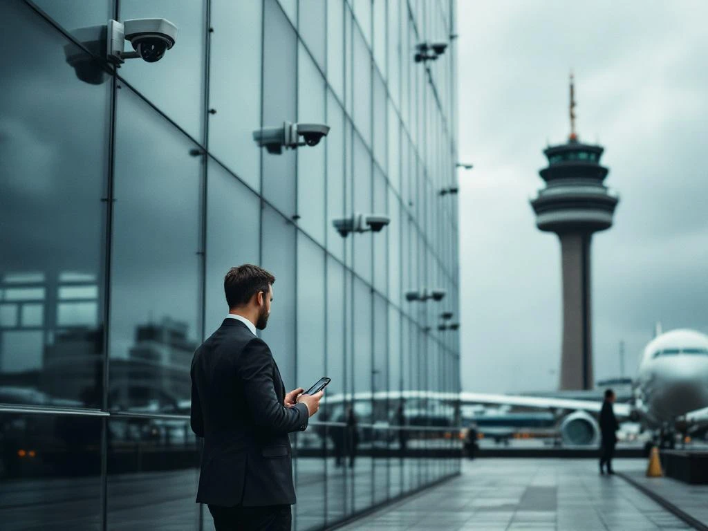 Zakenman loopt naar modern glazen kantoorgebouw bij Schiphol Airport met verkeerstoren op achtergrond