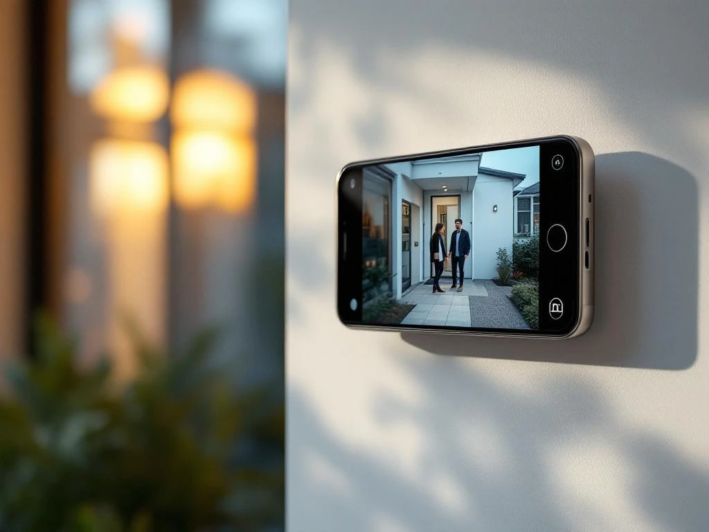 Smartphone aan muur toont beveiligingscamera-feed van voordeur met persoon die nadert in avondlicht