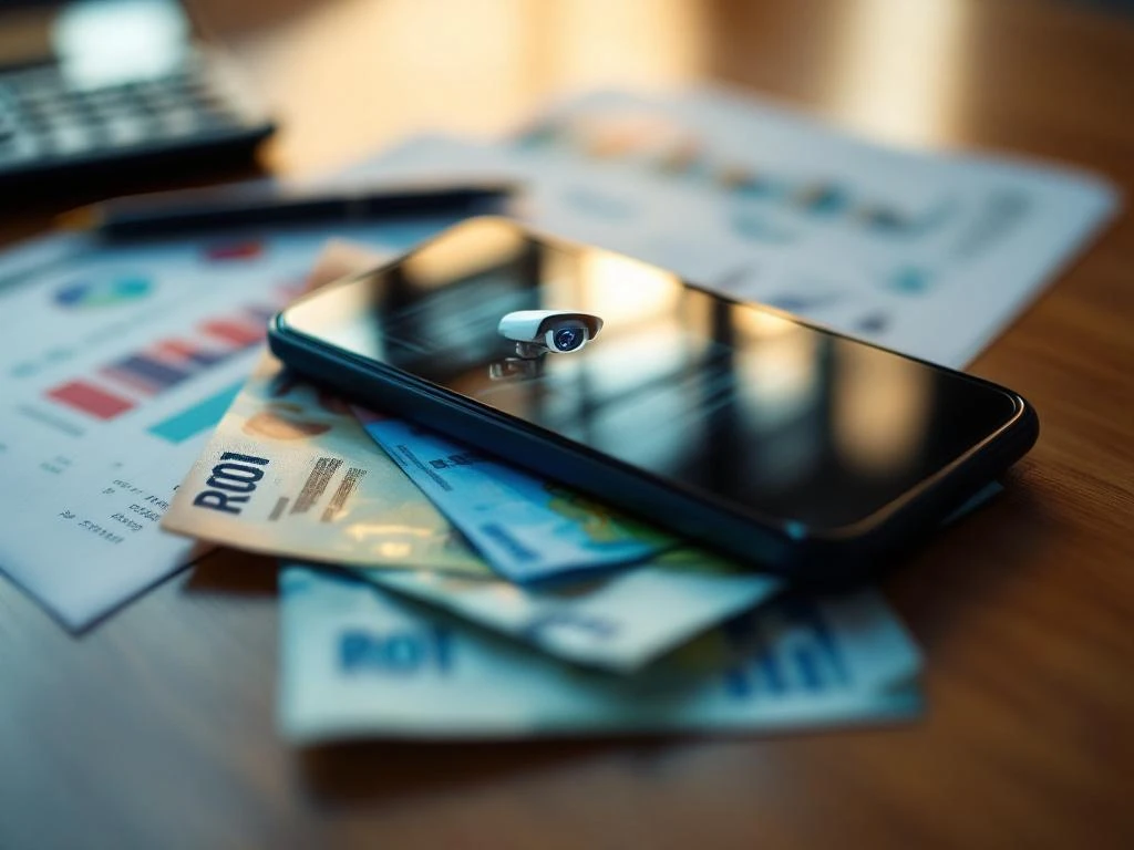 Smartphone toont beveiligingscamera-feed op bureau met calculator, financiële documenten en eurobiljetten