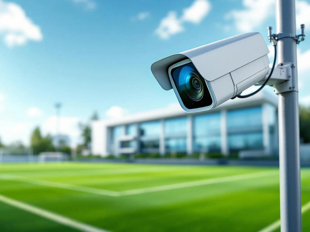 Witte beveiligingscamera op paal boven voetbalveld met groene grasmat en witte lijnen tegen blauwe hemel