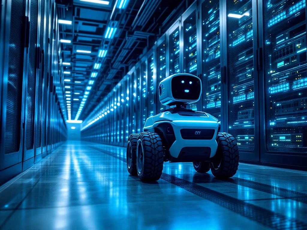 Beveiligingsrobot met camera's patrouilleert tussen serverrekken in modern datacenter met blauwe LED-verlichting