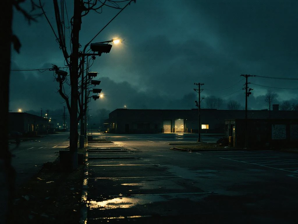 Verlaten bedrijventerrein bij schemering met lege kantoorgebouwen, kapotte beveiligingscamera's en zwerfvuil in parkeerplaats