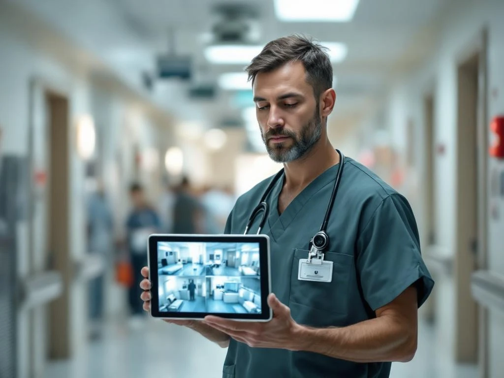 Zorgverlener in moderne ziekenhuisgang bekijkt bewakingscamera's op tablet, medisch personeel op achtergrond