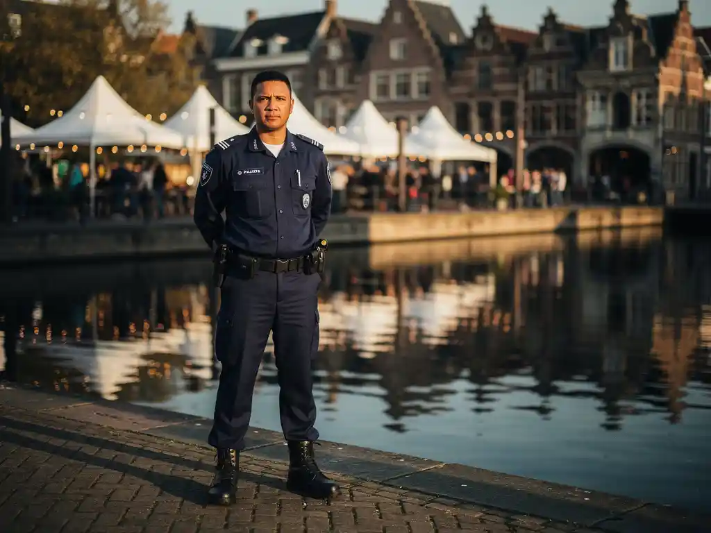 Beveiliger in uniform bij een buitenevenement langs een Leidse gracht, met witte tenten, slingerverlichting en historische gevels op de achtergrond.