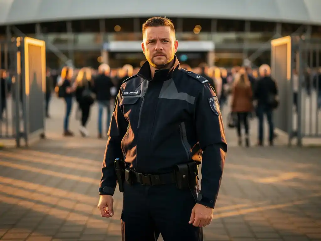 Beveiliger in donker uniform bij ingang van buitenevenement in Leiden, menigte stroomt door poorten in gouden avondlicht.
