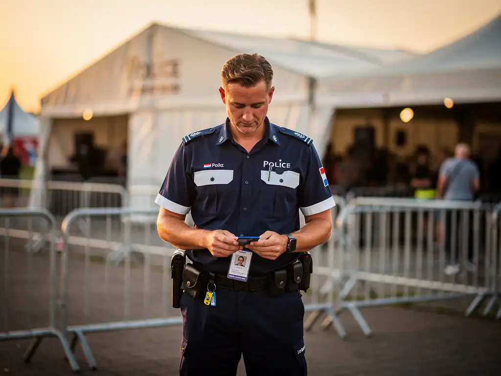 Nederlandse beveiliger in uniform controleert toegangsbewijzen bij buitenevenement, met dranghekken en tenten op de achtergrond.