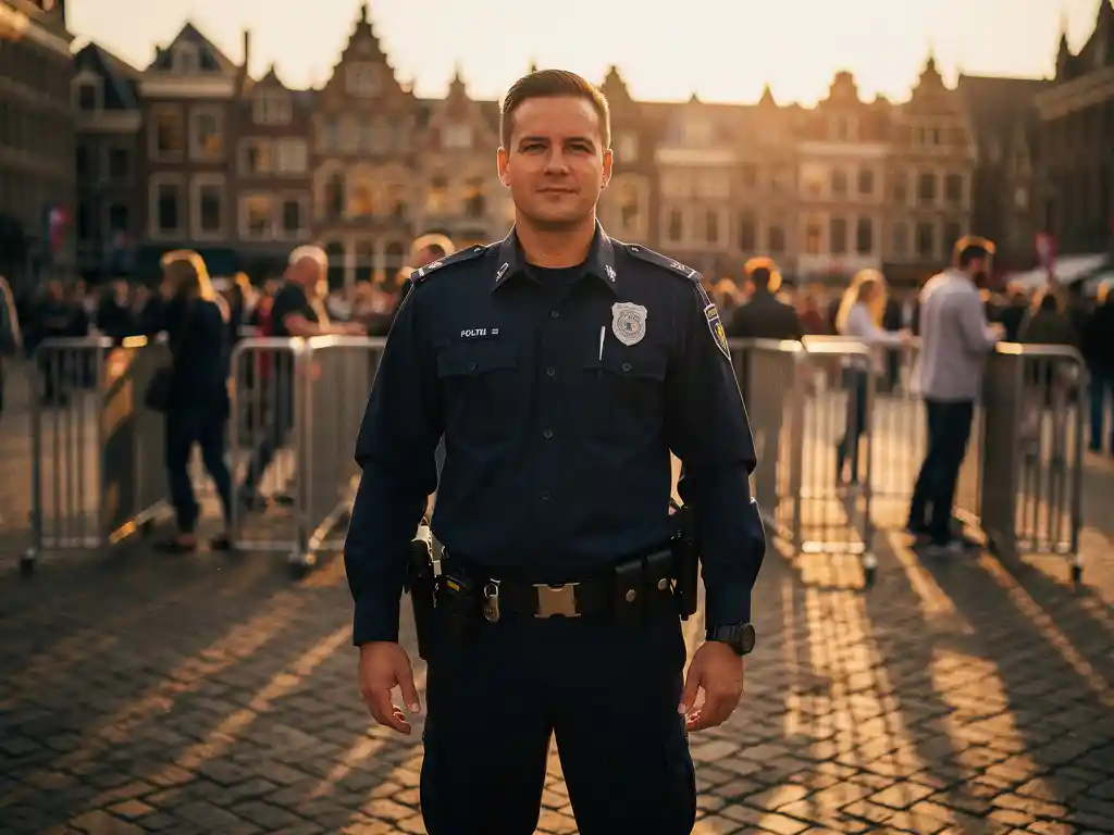 Beveiliger in donker uniform bewaakt toegangspoorten van druk buitenevenement op Nederlands plein tijdens gouden uur.
