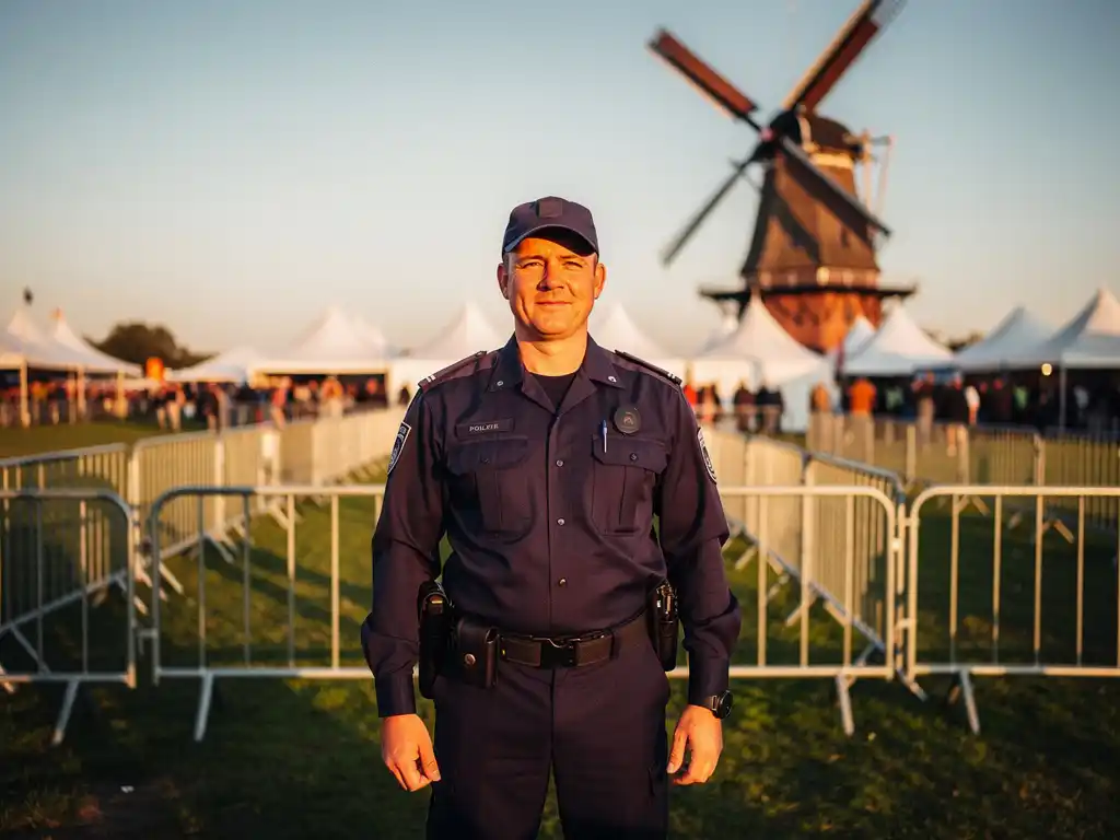 Beveiliger in uniform bij de ingang van een buitenevenement in Noord-Holland, met een historische molen op de achtergrond.