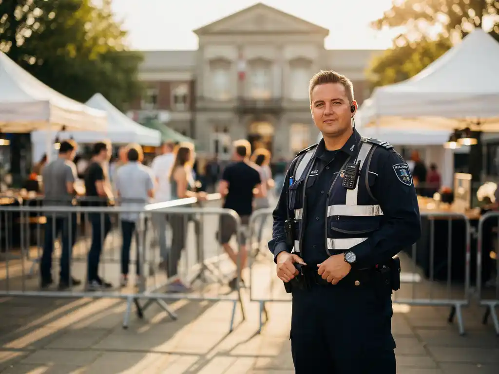 Beveiliger in donker uniform bij de ingang van een druk buitenevenement in Zuid-Holland, met dranghekken en evenementententen op de achtergrond.