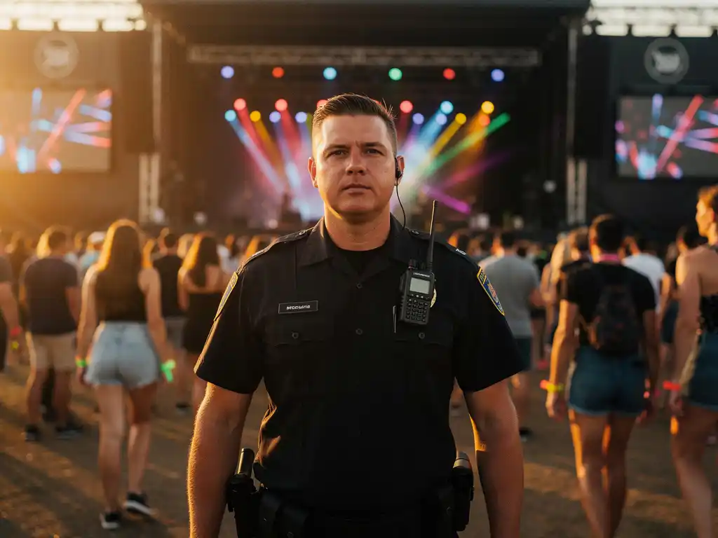 Beveiliger in zwart uniform bij festivalingang, met publiek en warme amberkleurige podiumverlichting op de achtergrond.