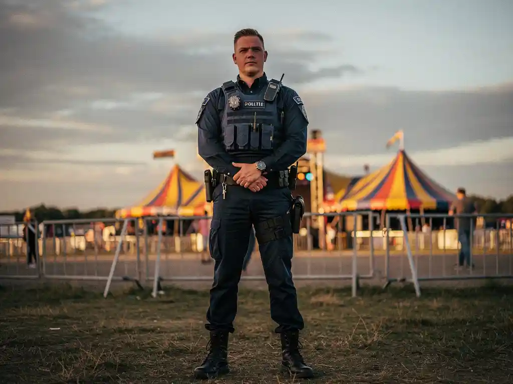 Beveiliger in donker uniform bij de ingang van een buitenfestival in Noord-Holland, met kleurrijke podiumententen en dranghekken op de achtergrond.