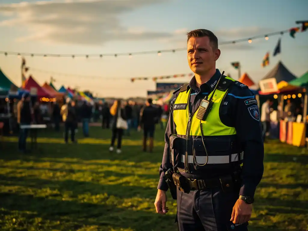 Beveiliger in uniform houdt toezicht bij een druk buitenfestival in Noord-Holland, met polderland en kleurrijke tenten op de achtergrond.