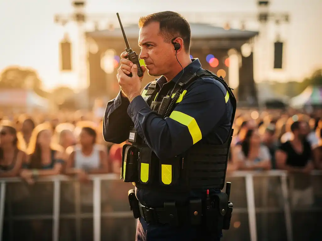 Beveiligingsmedewerker in zwart uniform met portofoon bij festivalmenigte tijdens gouden uur, tijdelijke hekken op achtergrond.