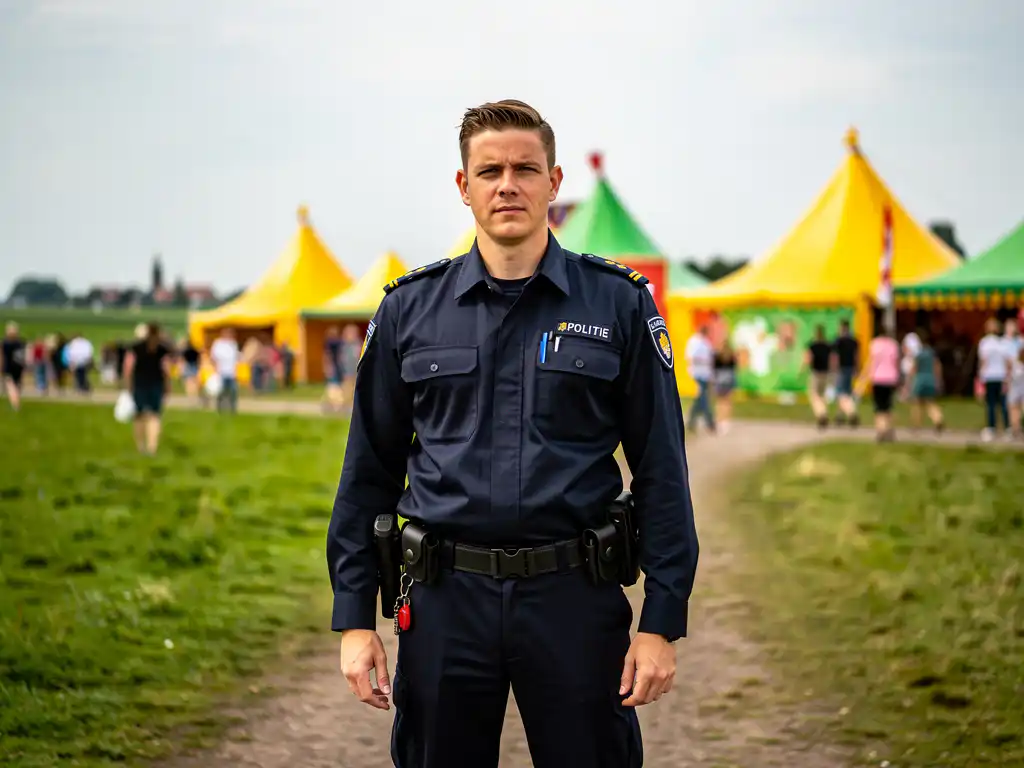 Beveiliger in donker uniform bij de ingang van een buitenfestival in Zuid-Holland, met kleurrijke tenten en bezoekers op de achtergrond.