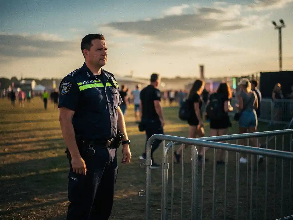 Beveiliger in uniform bij de ingang van een buitenfestival in Noord-Holland, publiek stroomt door hekken in het gouden avondlicht.