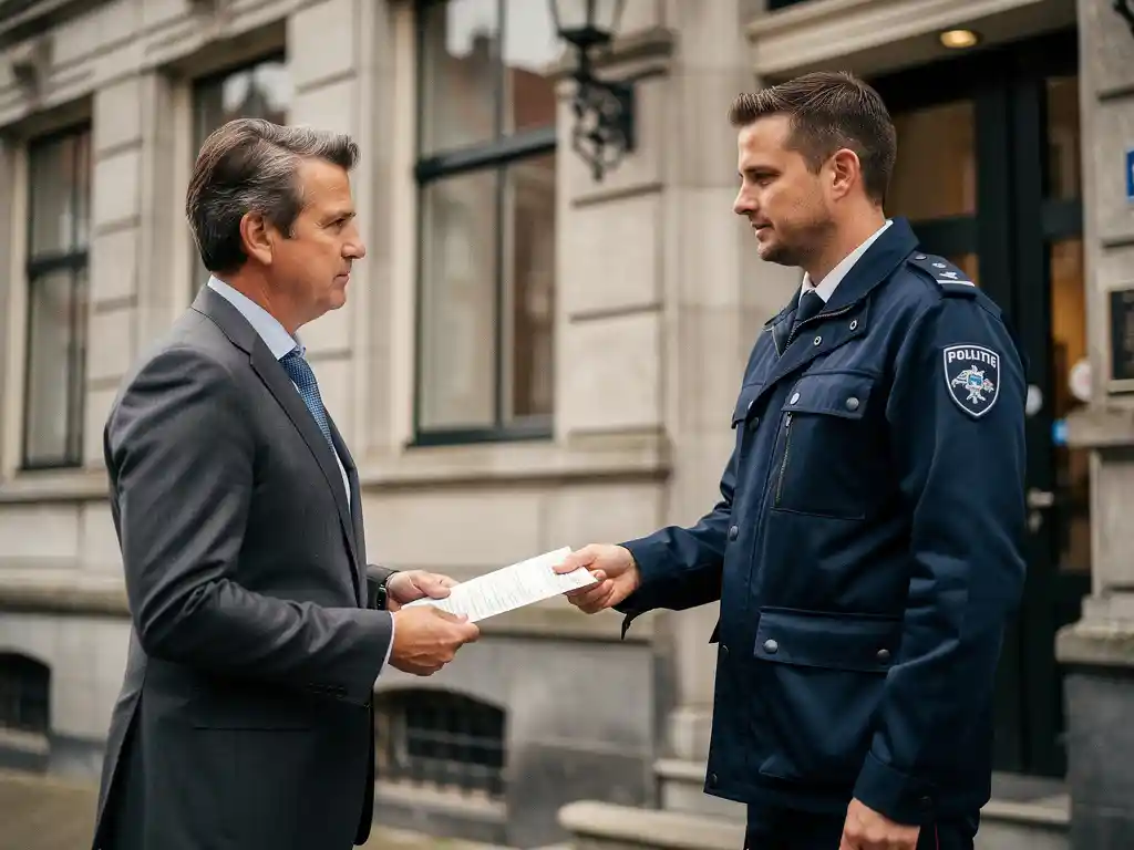 Beveiligingsbeambte in marineblauw uniform overhandigt document aan gemeenteambtenaar bij ingang van stadhuis met Nederlandse gevelarchitectuur.