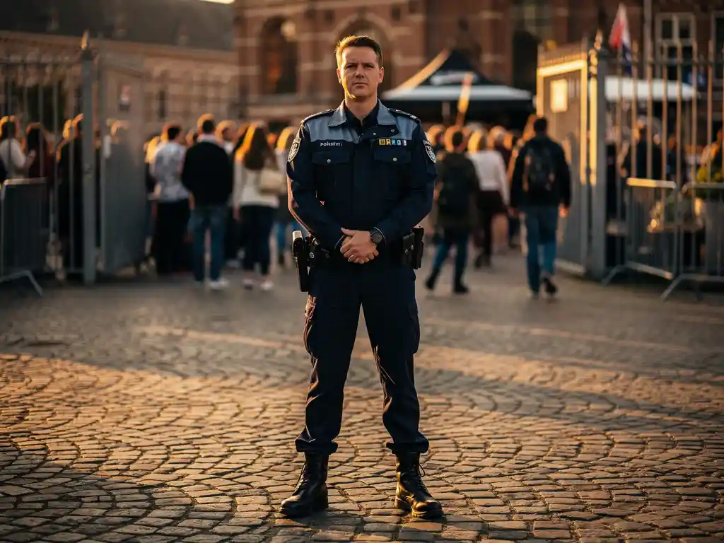 Beveiliger in uniform bij de ingang van een buitenevenement in Haarlem, menigte stroomt door poort in goudkleurig avondlicht.