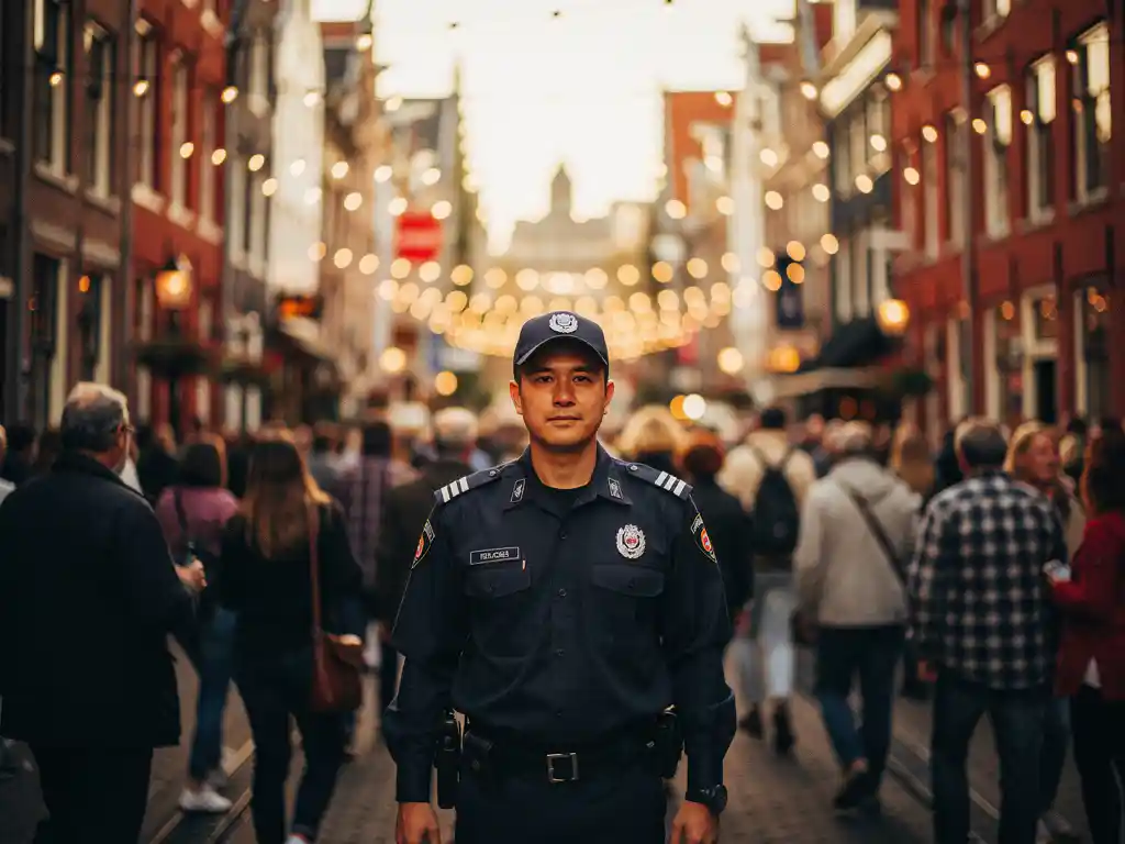 Beveiliger in donker uniform houdt toezicht op drukke menigte in historische Amsterdamse gracht met sfeervolle lichtjes.