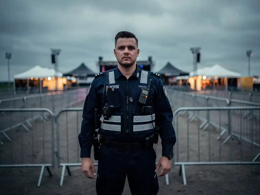 Beveiliger in uniform bij de ingang van een buitenevenement in de Haarlemmermeer, met dranghekken en tenten op de achtergrond.