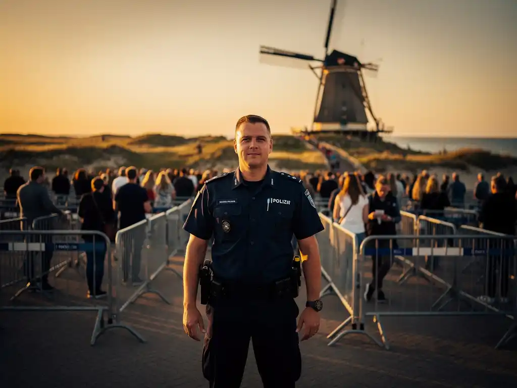 Beveiliger in uniform bij ingang van groot buitenevenement in Noord-Holland, met windmolen en kustlandschap in gouden avondlicht.