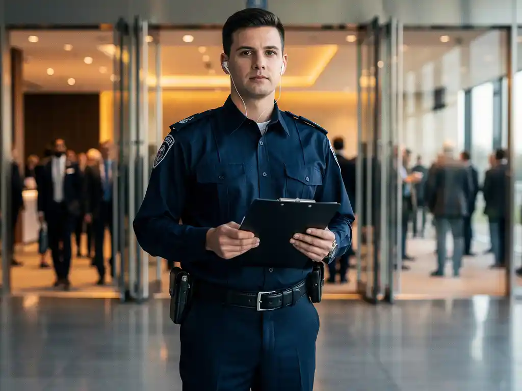 Beveiliger in uniform bij de ingang van een drukke zakelijke evenementenlocatie, clipboard in hand, oorstukje zichtbaar, gasten stromen door glazen deuren.