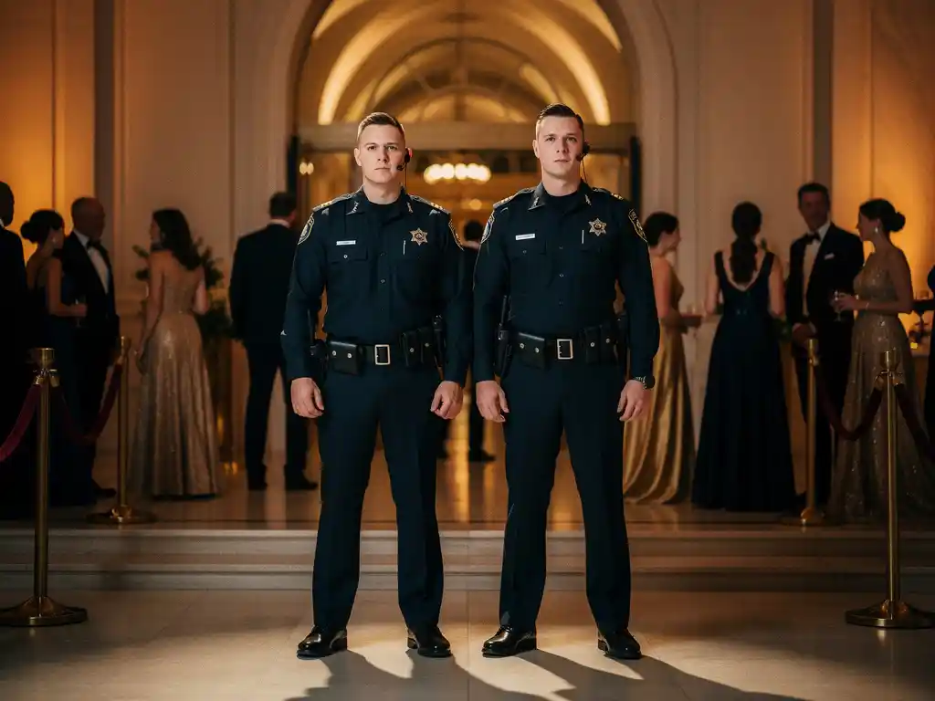Twee beveiligingsmedewerkers in donkerblauwe uniformen bewaken de ingang van een elegante avondevenementenlocatie met fluwelen touwen.