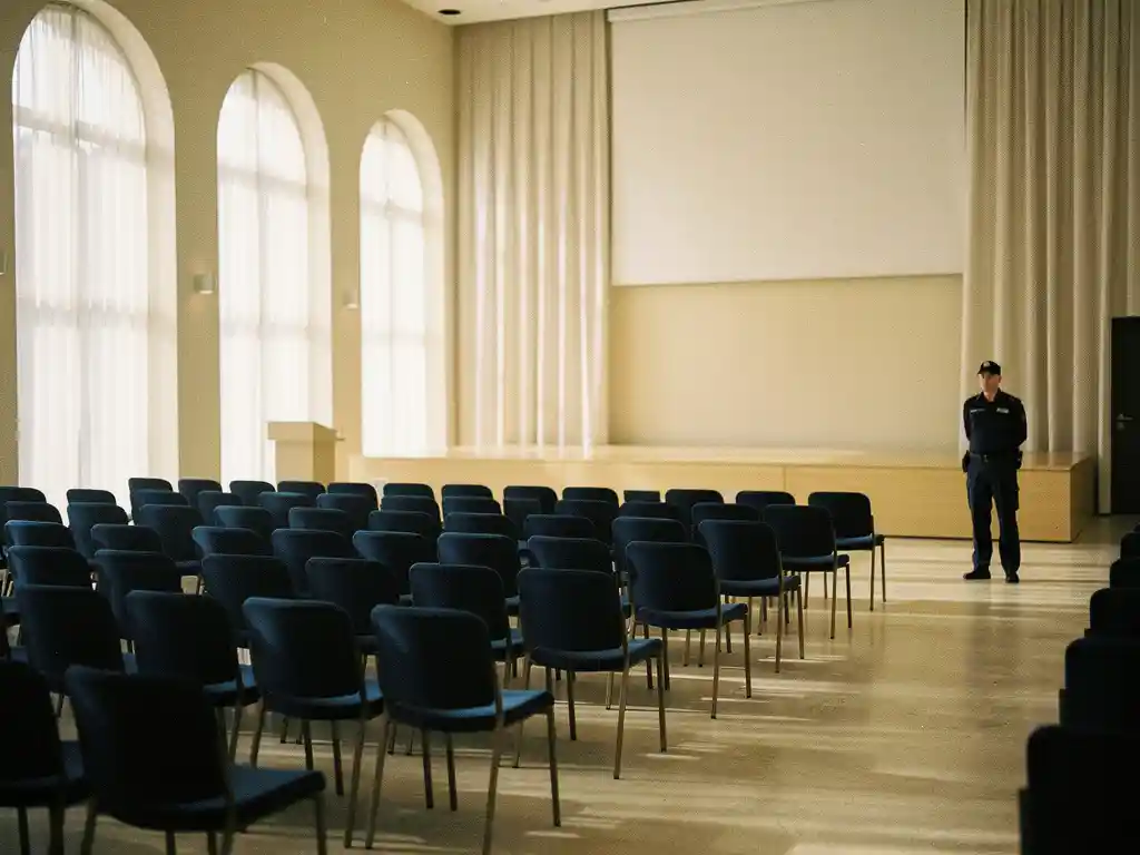 Conferentiezaal in Zuid-Holland met elegante stoelrijen, gewelfde ramen en een beveiliger bij de ingang.