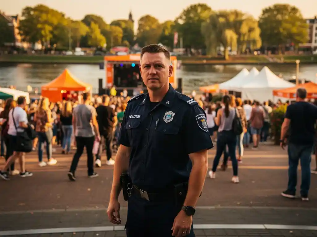 Beveiliger in donker uniform bij de ingang van een buitenevenement in Alphen aan den Rijn, met publiek en feesttenten langs de rivier.