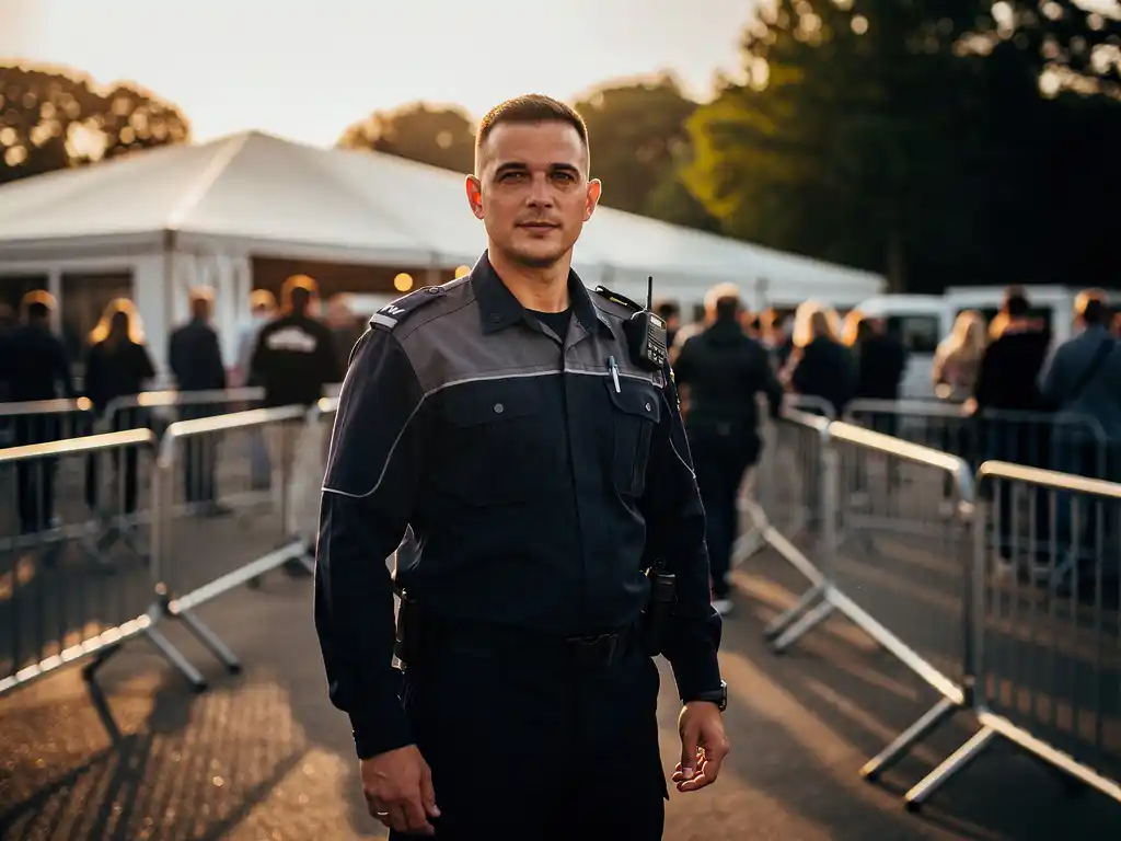 Beveiliger in donker uniform bij de ingang van een buitenevenement bij Haarlemmermeer, publiek stroomt door hekken in gouden avondlicht.