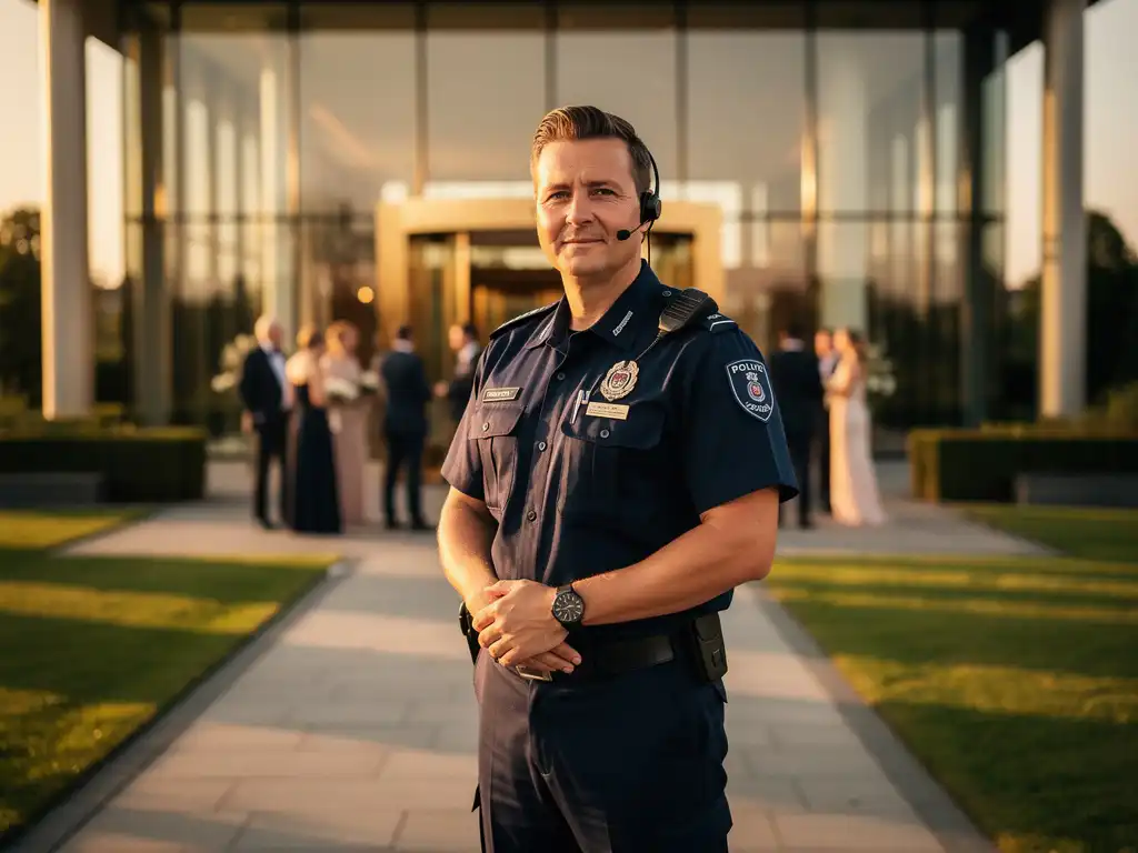 Beveiliger in uniform bij de ingang van een modern evenementenlocatie in de Haarlemmermeer, gasten in formele kleding op de achtergrond.