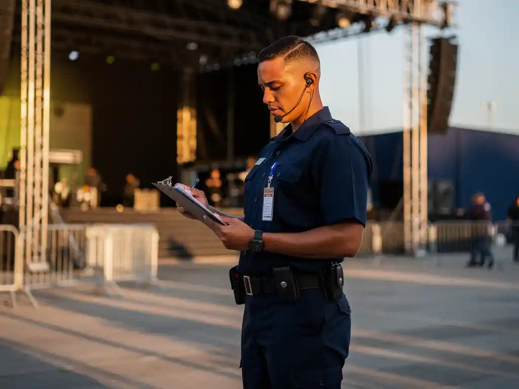 Beveiligingsmedewerker in uniform controleert checklist op klembord bij ingang evenementenlocatie, oortje zichtbaar, dranghekken op achtergrond.