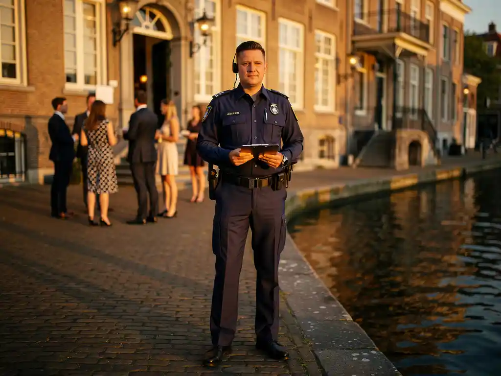 Beveiligingsmedewerker met klembord bij ingang van Leids grachtenpand tijdens gouden uur, gasten arriveren op de achtergrond.
