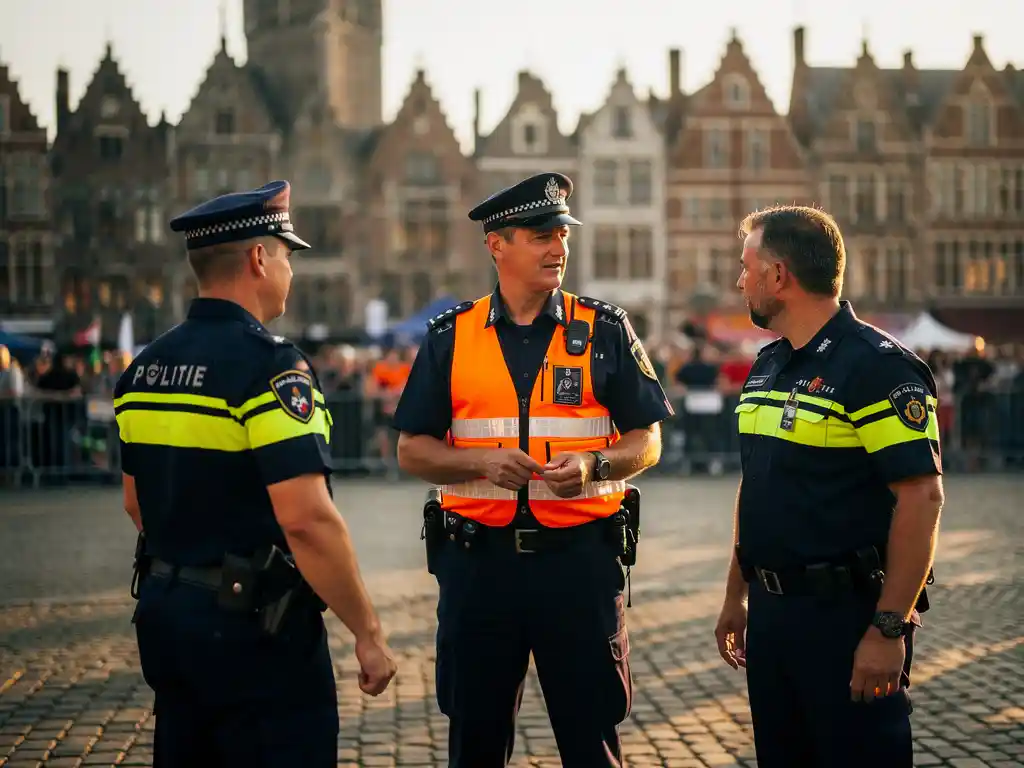 Beveiligingsmedewerker in oranje hesje coördineert met politie en gemeentewerker bij buitenevenement in Leiden, historische gevel op achtergrond.