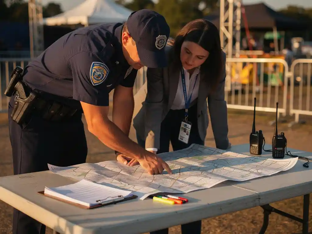 Beveiligingsmedewerker en evenementenorganisator bestuderen plattegrond op klaptafel, met portofoons en klemborden in goudkleurig middaglicht.