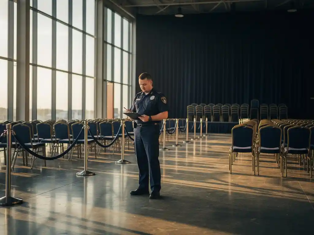Beveiligingsprofessional in uniform inspecteert grote evenementenruimte met klembord, touwbarrières en stoelen op de achtergrond.