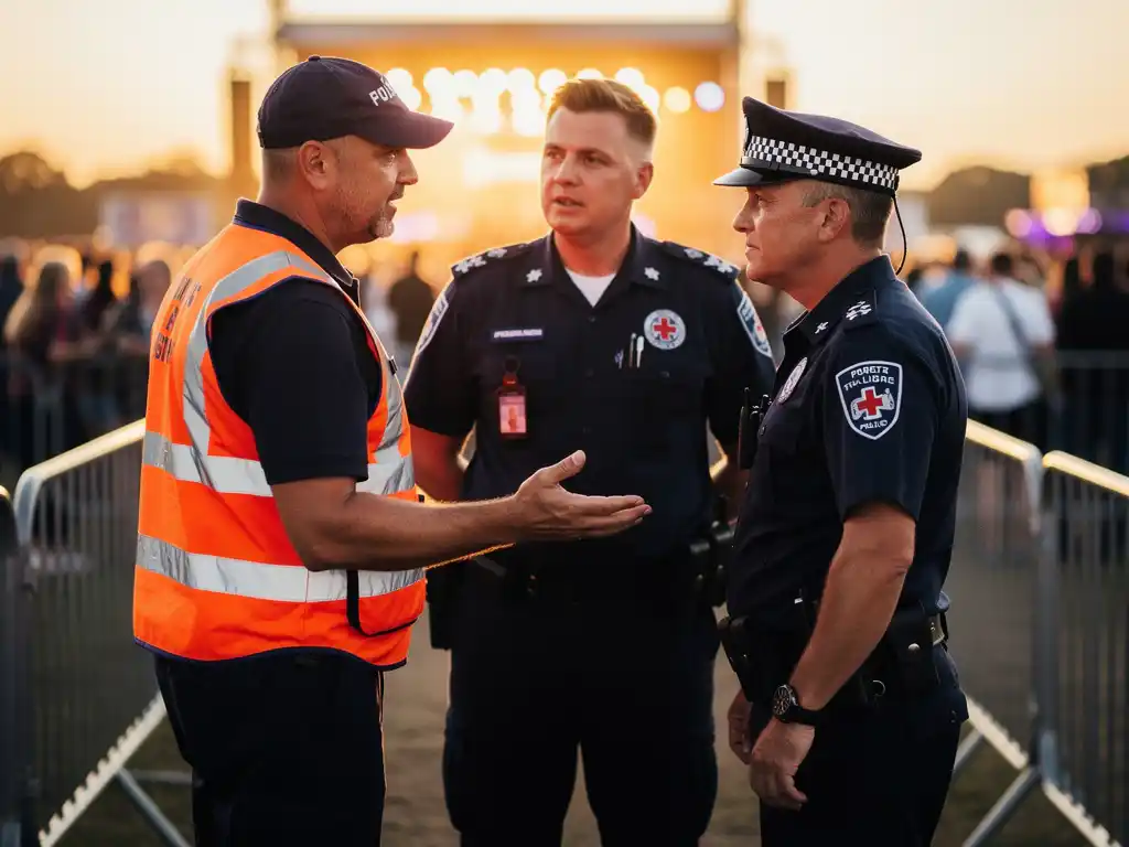 Beveiliger in fluohesje coördineert met EHBO-verlener en agent bij festivalingang, omringd door dranghekken en warme schijnwerpers.