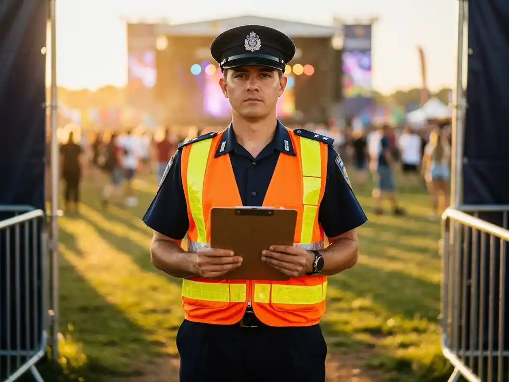 Beveiligingsmedewerker in fluorescerend vest met klembord bij festivalingang, menigte en podiumverlichting op de achtergrond.