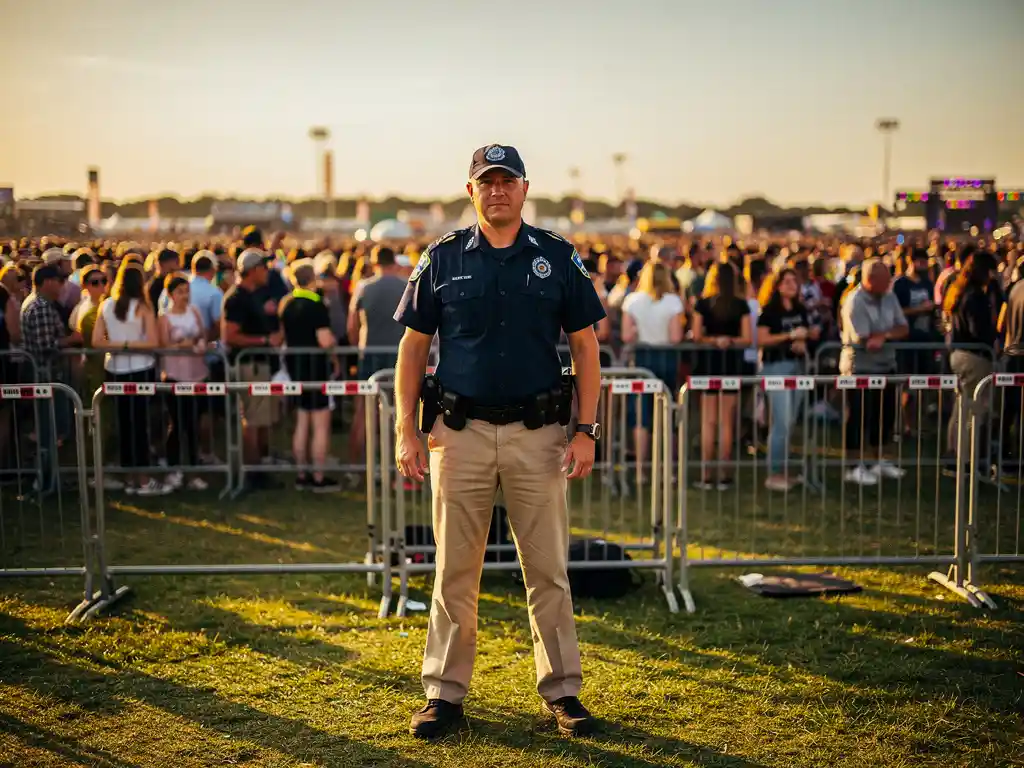 Beveiligingsmedewerker in uniform bij festivalpoort, menigte en tijdelijke hekken op de achtergrond in gouden middaglicht.