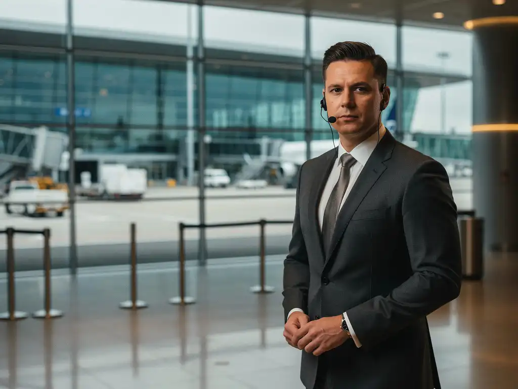 Beveiligingsprofessional in pak bij ingang van internationale conferentielocatie bij Schiphol, vliegtuigplatform zichtbaar door glazen gevel.