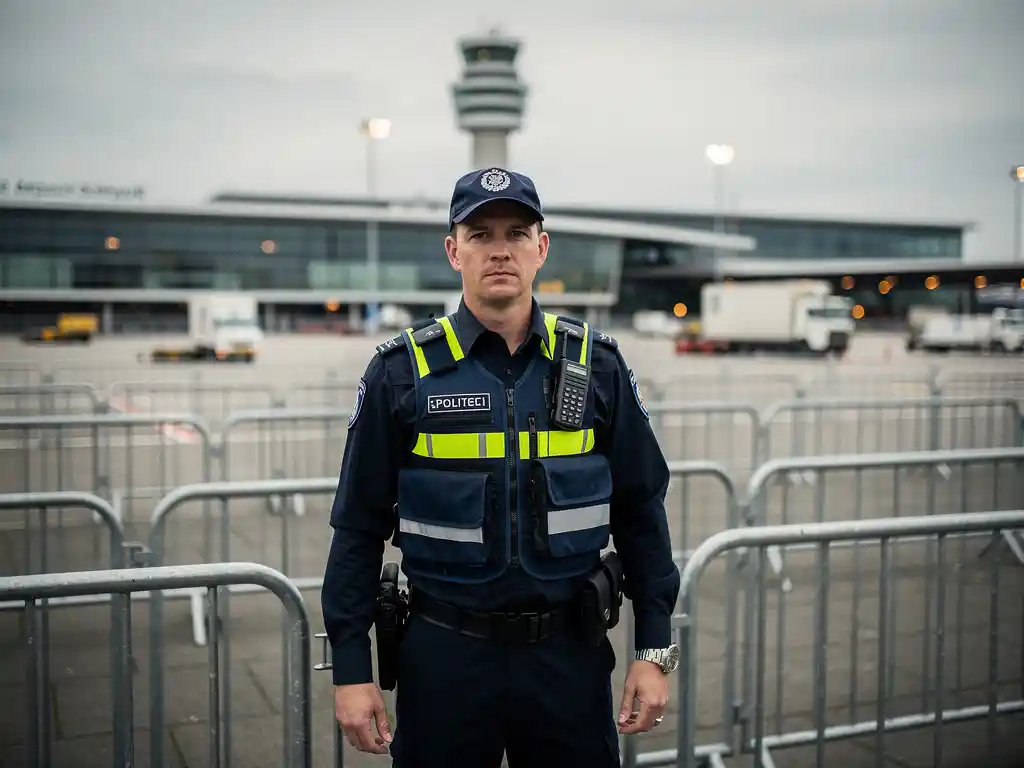 Beveiligingsmedewerker in uniform bij buitenevenement, met de verkeerstoren van Schiphol op de achtergrond en tijdelijke dranghekken op de voorgrond.