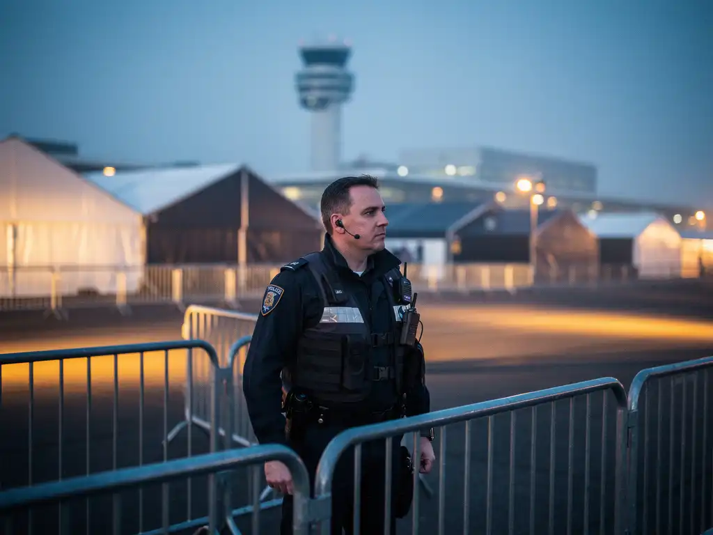 Beveiliger in uniform bij buitenevenement op Schiphol, met verkeerstoren en terminal in mistige avondachtergrond.