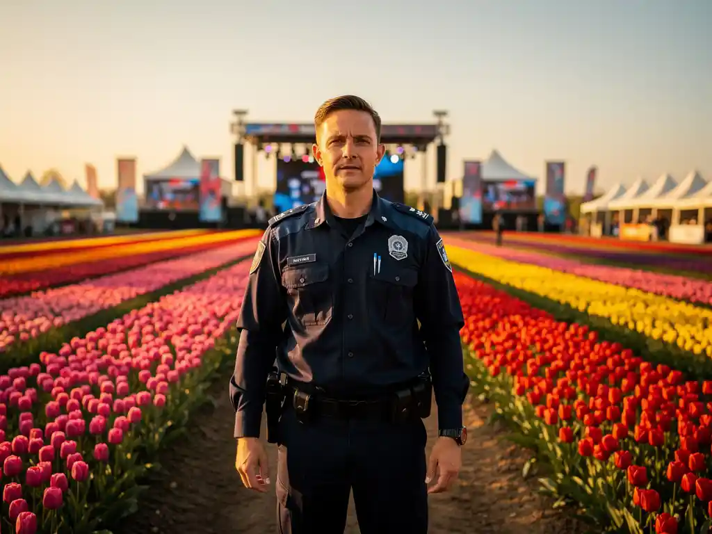 Beveiliger in donker uniform bij ingang van tulpenfestival in de Bollenstreek, kleurrijke bloemenvelden en tenten op de achtergrond.
