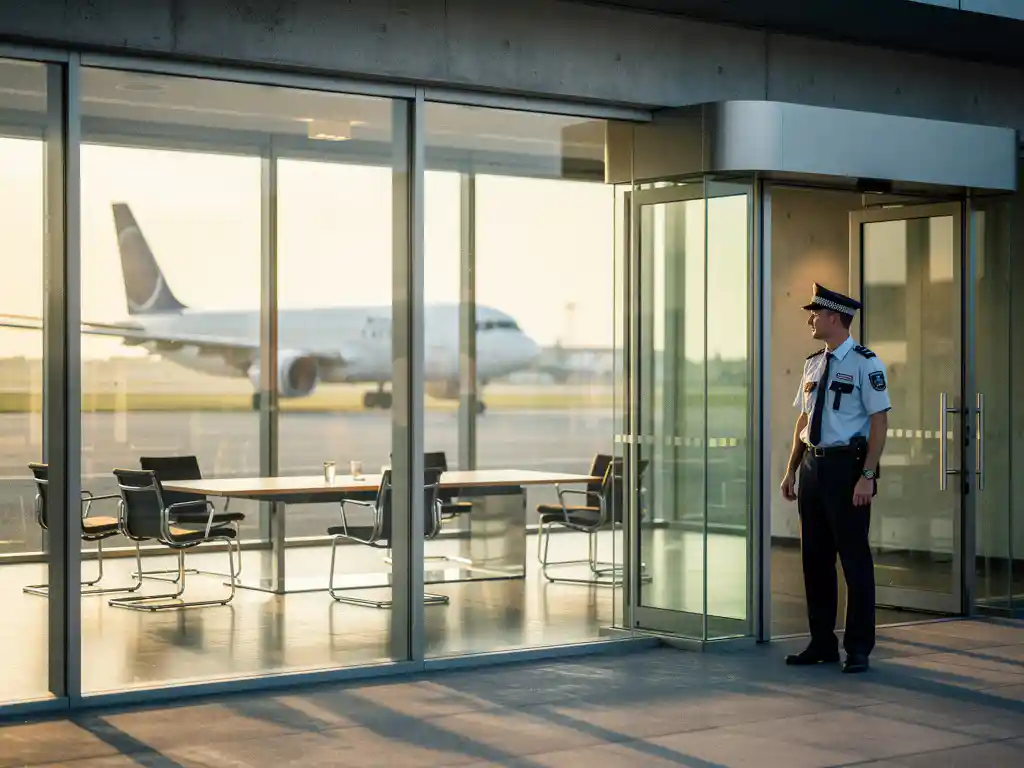 Zakelijke evenementenlocatie bij Schiphol met glazen gevel, beveiliger bij ingang en geparkeerd vliegtuig op de achtergrond.
