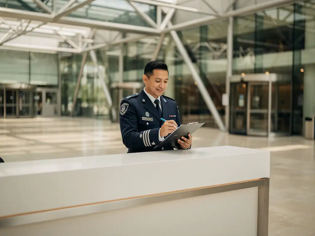 Beveiliger in uniform controleert gastenlijst op klembord bij moderne bedrijfsevenement receptie met glas en staal.