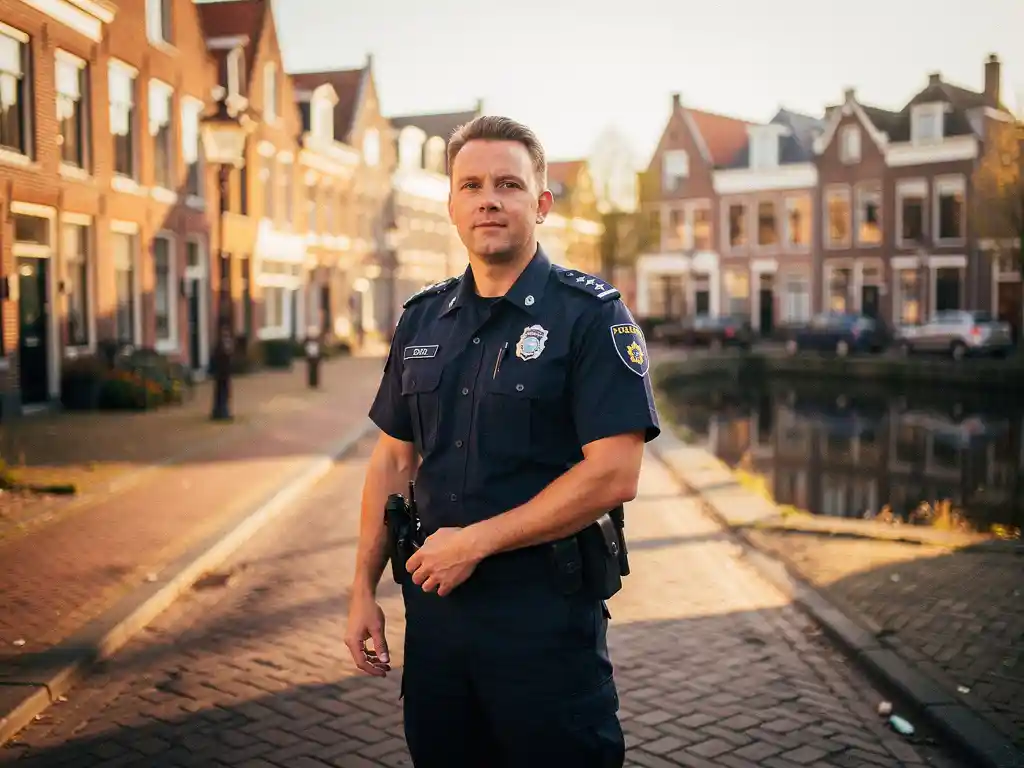 Beveiliger in marineblauw uniform op een Nederlandse straathoek met bakstenen gebouwen en kanaalsreflecties tijdens het gouden uur.