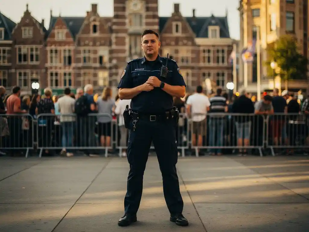 Beveiligingsmedewerker in uniform bij ingang van druk stadsfeest, menigte achter dranghekken, walkie-talkie in hand.